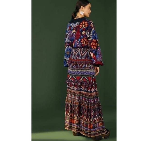 Farm Rio - Medium Ainika Tapestry Maxi Skirt Blue Red Tiered Ruffle Boho NWT - Picture 4 of 7